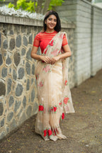 Glossy organza saree with red embroidery blouse