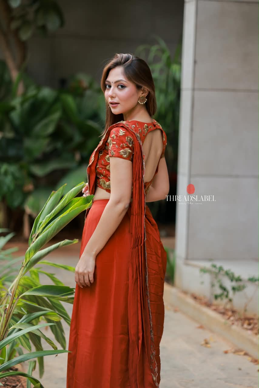 Orange rust satin handwork lehenga