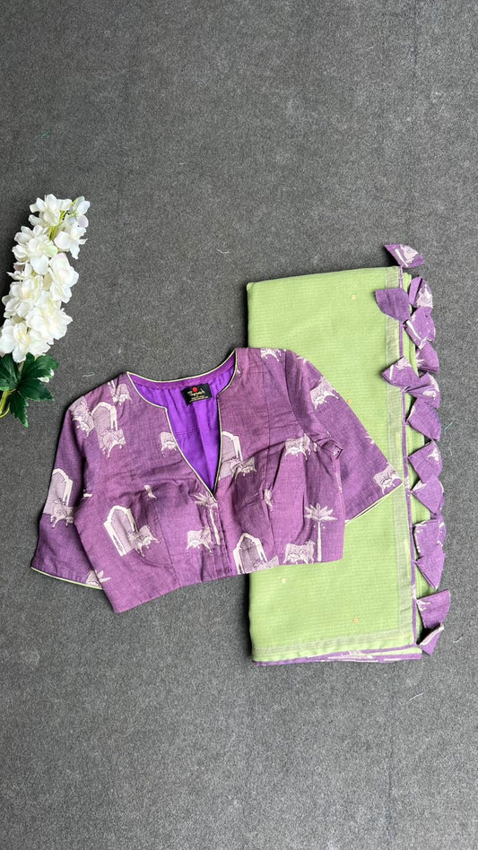 Parrot kota saree with lavender cotton blouse