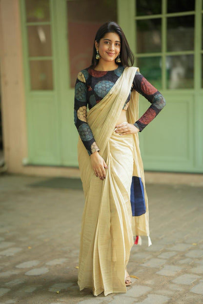 Cream malai chanderi saree with Ajrak handblock print blouse