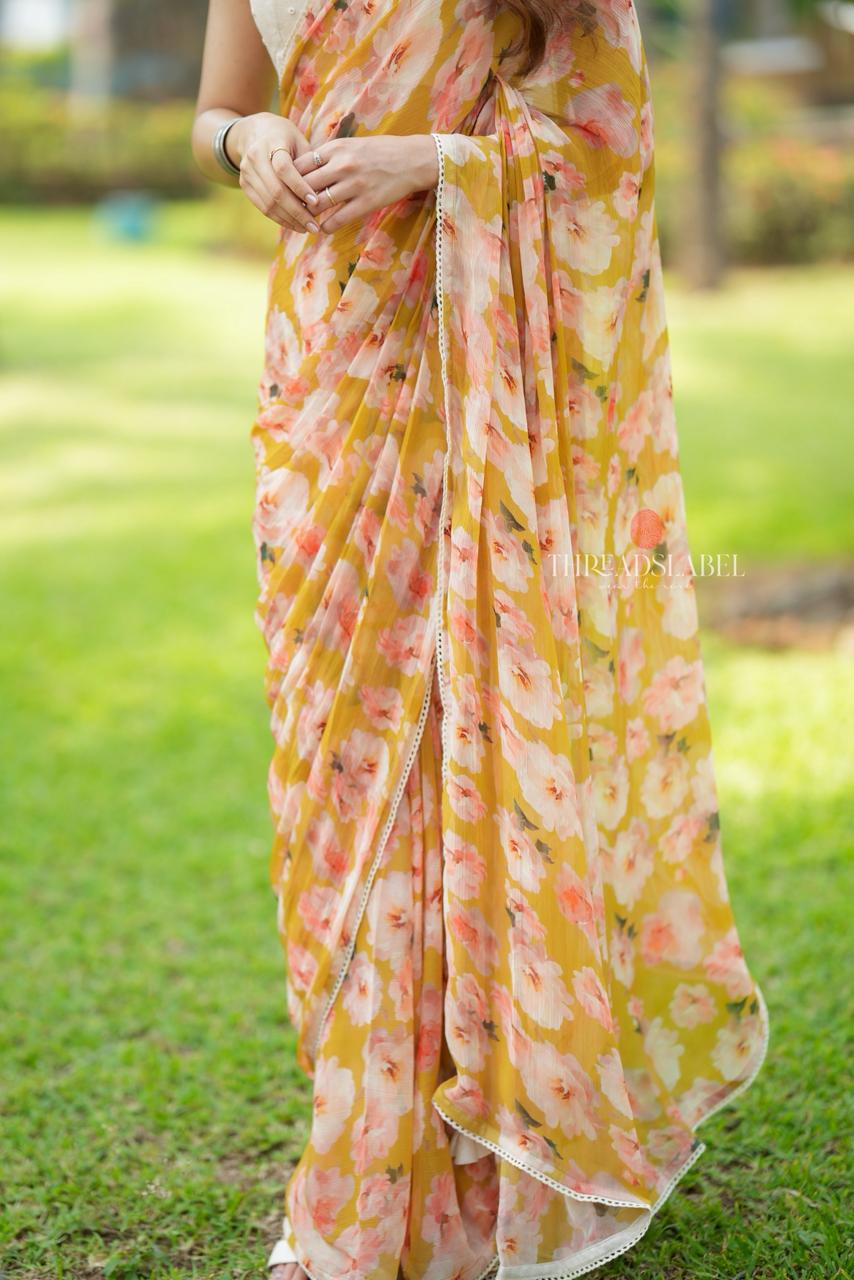 Fenugreek chiffon floral saree with linen mirror blouse