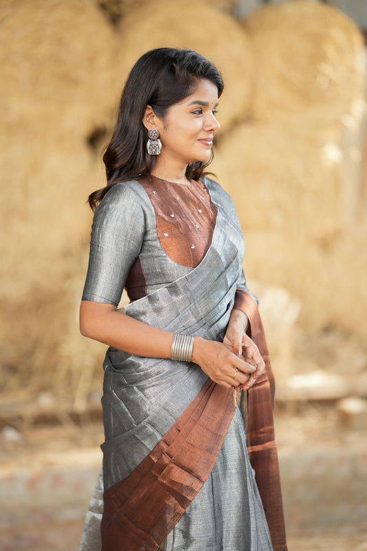 Silver grey brown soft tissue saree with handwork blouse