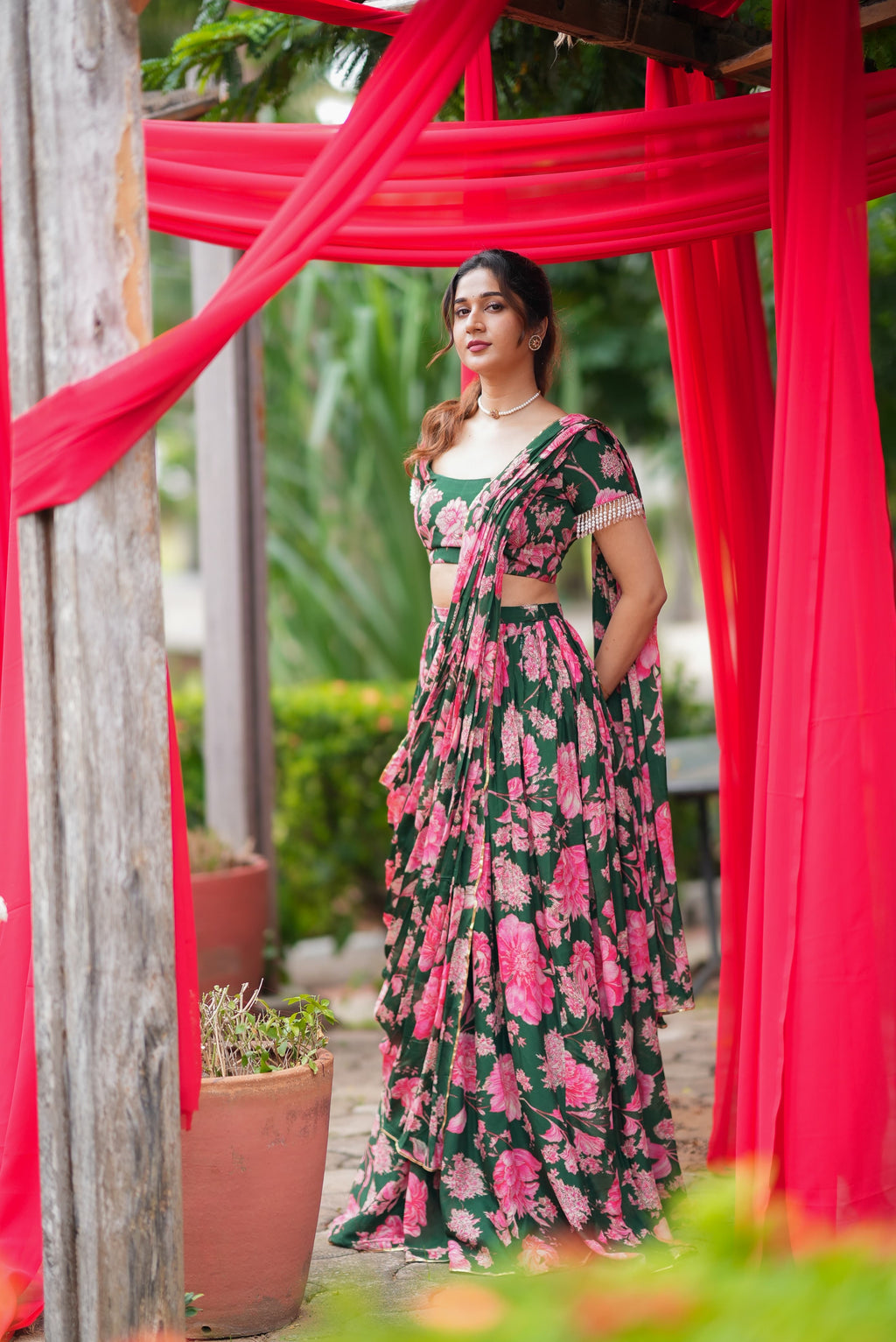 Green floral georgette handwork lehenga