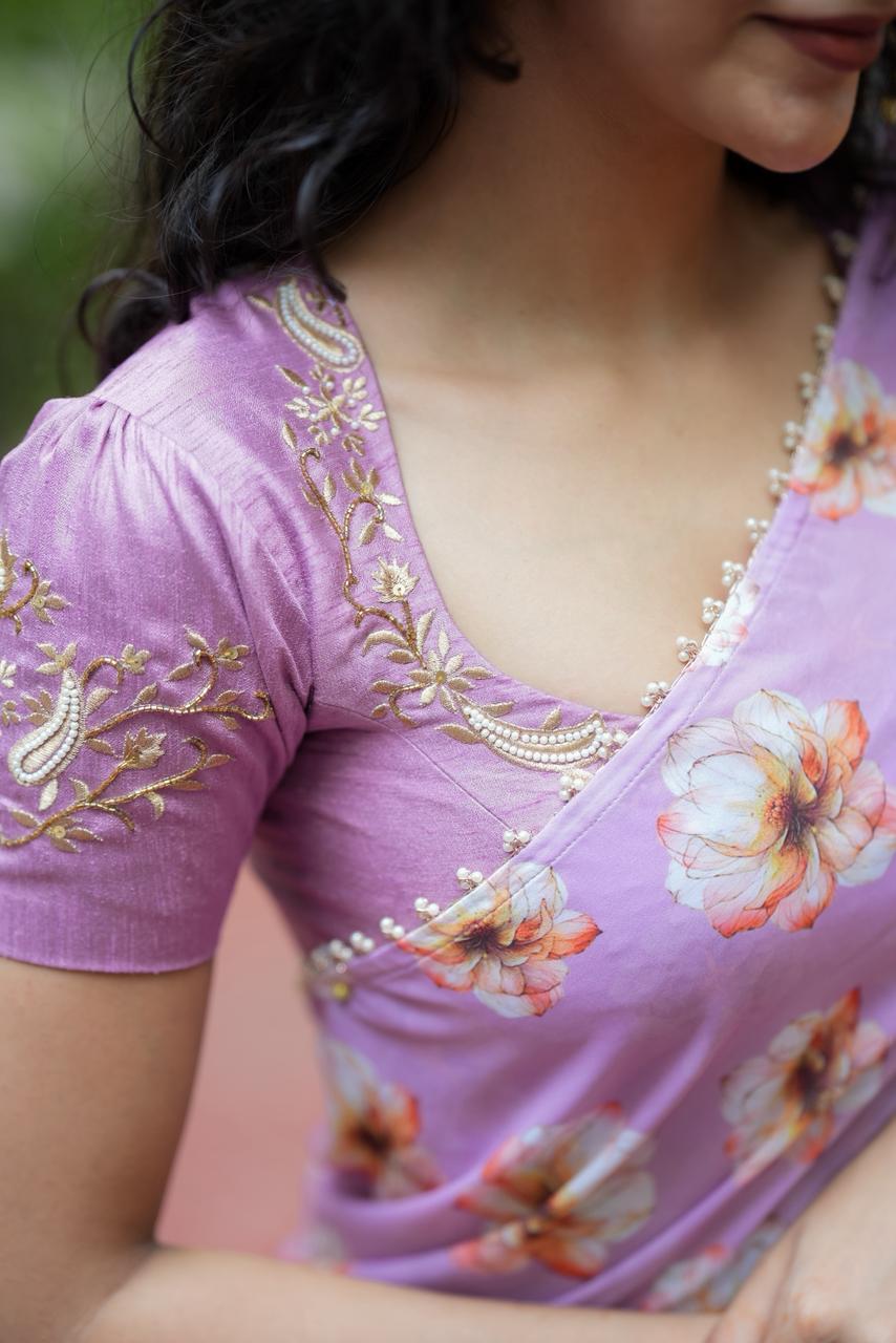 Lavender georgette saree with silk hand work blouse