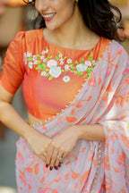 Reddish orange tissue floral hand work blouse(only blouse)