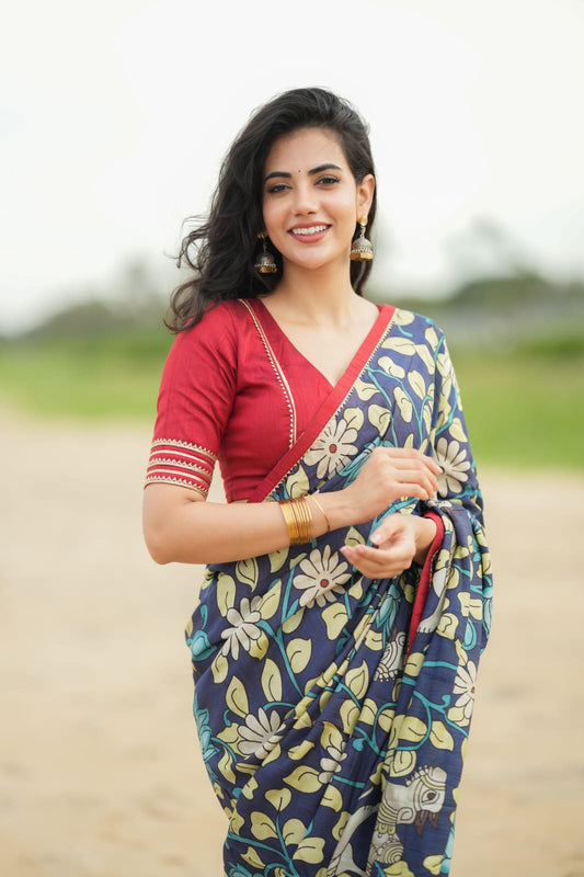 Blue dola silk kalamkari saree with maroon hand work blouse