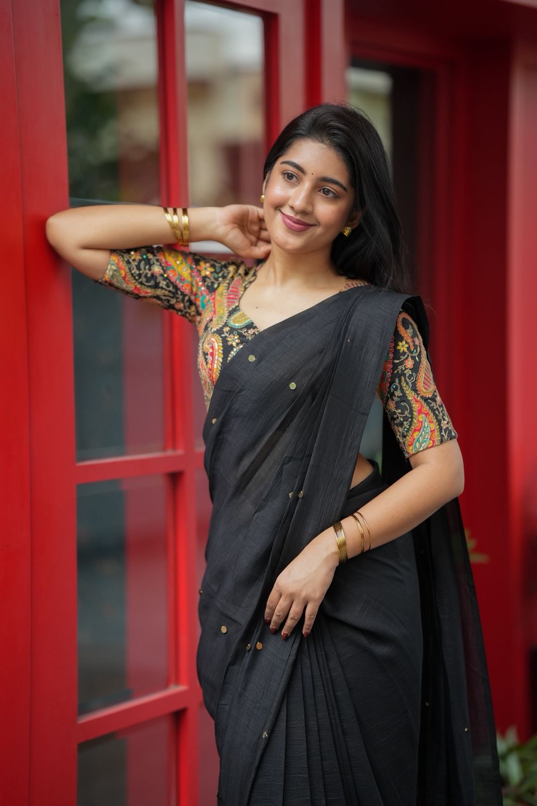 Black malai chanderi saree with heavy embroidery blouse