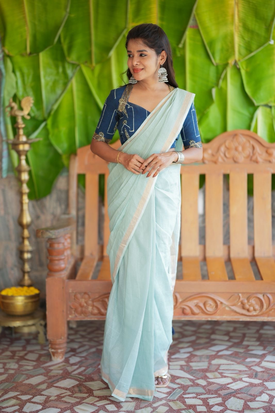 Aqua blue kota doria saree with hand work blouse