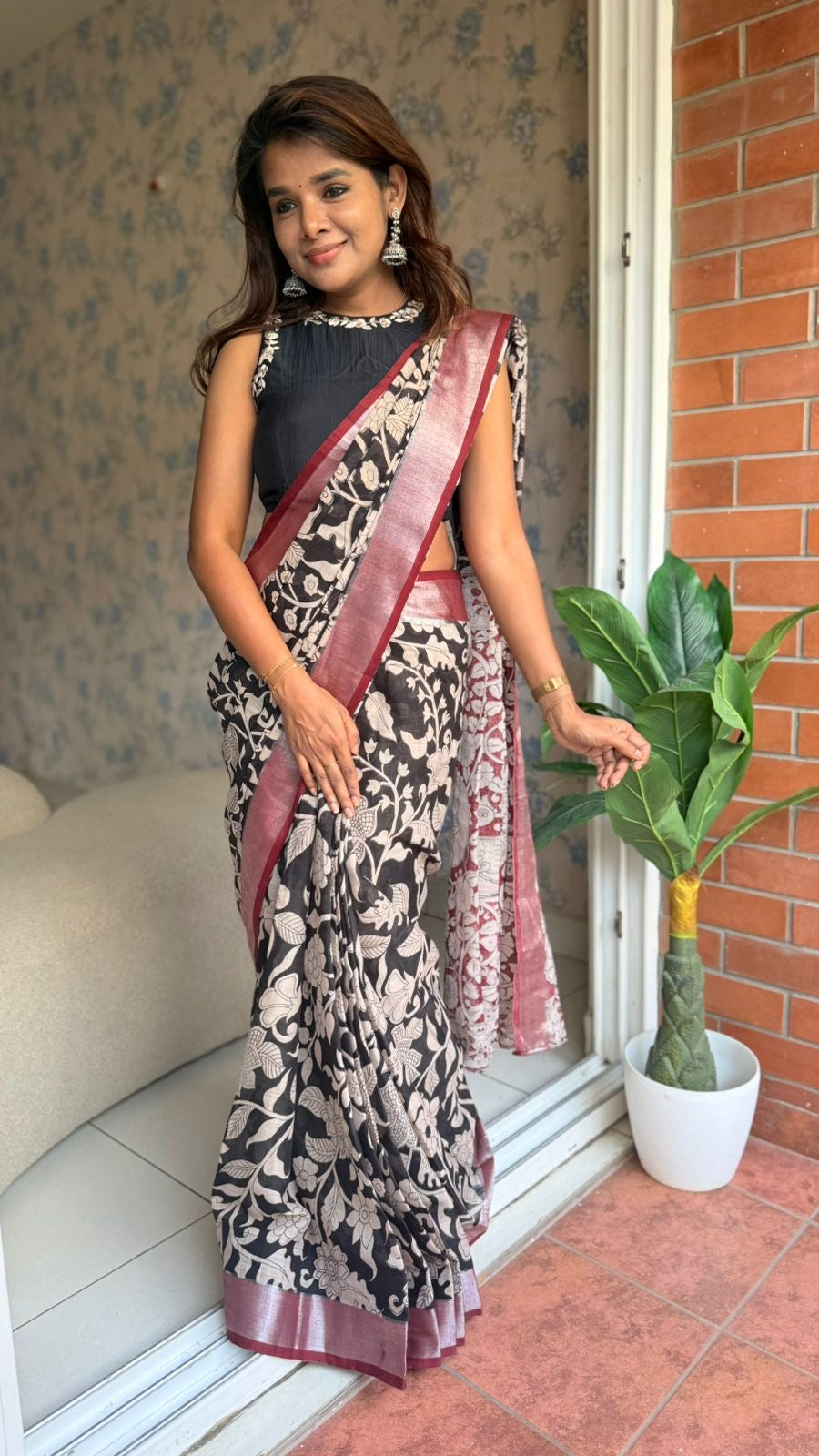 Black linen cotton kalamkari saree with embroidery blouse