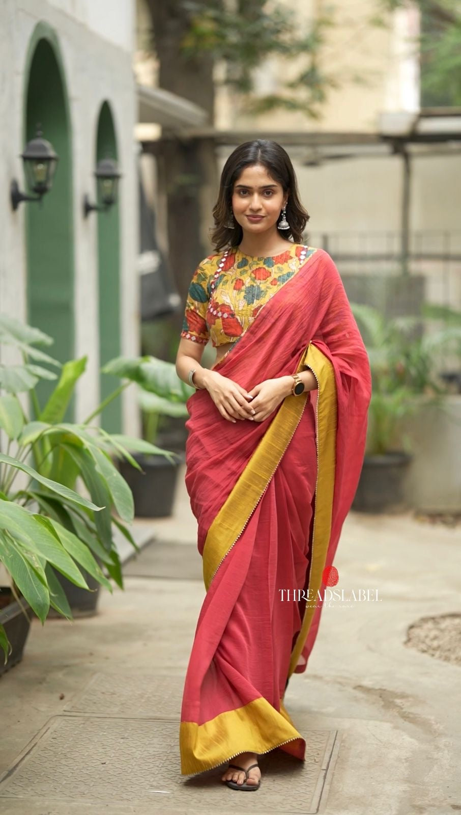 Maroon mul cotton saree with kalamkari mirror blouse