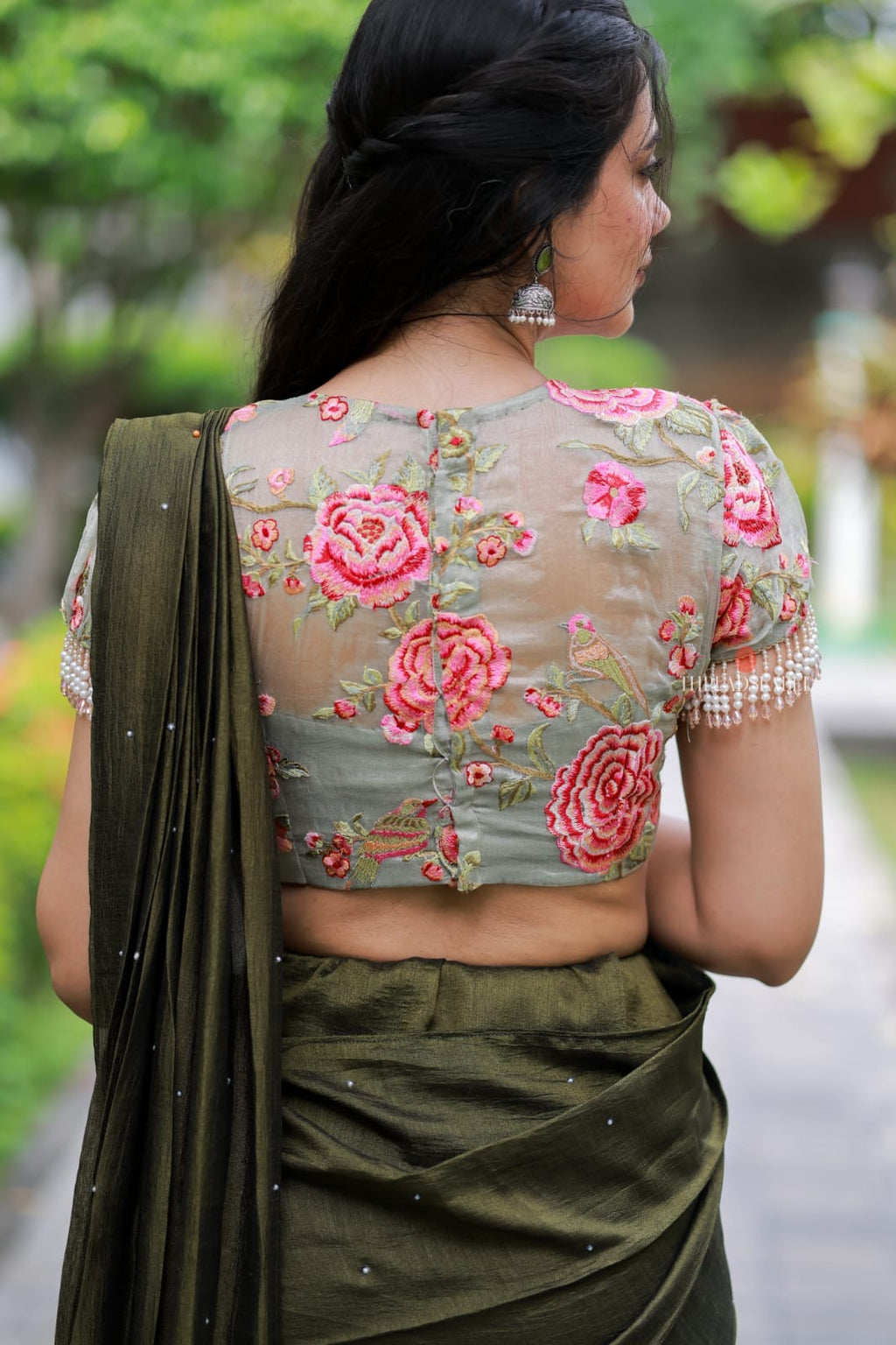 Bottle green Marble Saree with Handwork Blouse
