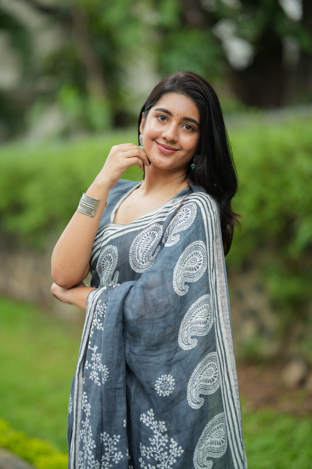 Grey linen floral printed designer saree