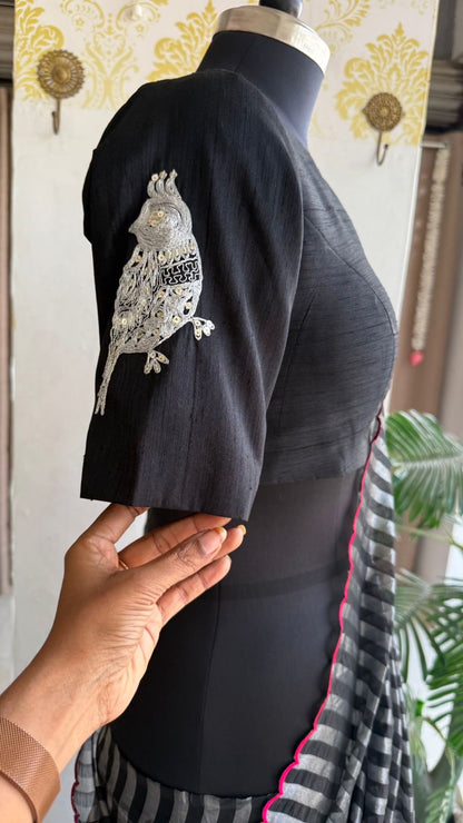 Black & silver stripped tissue saree with bird work blouse