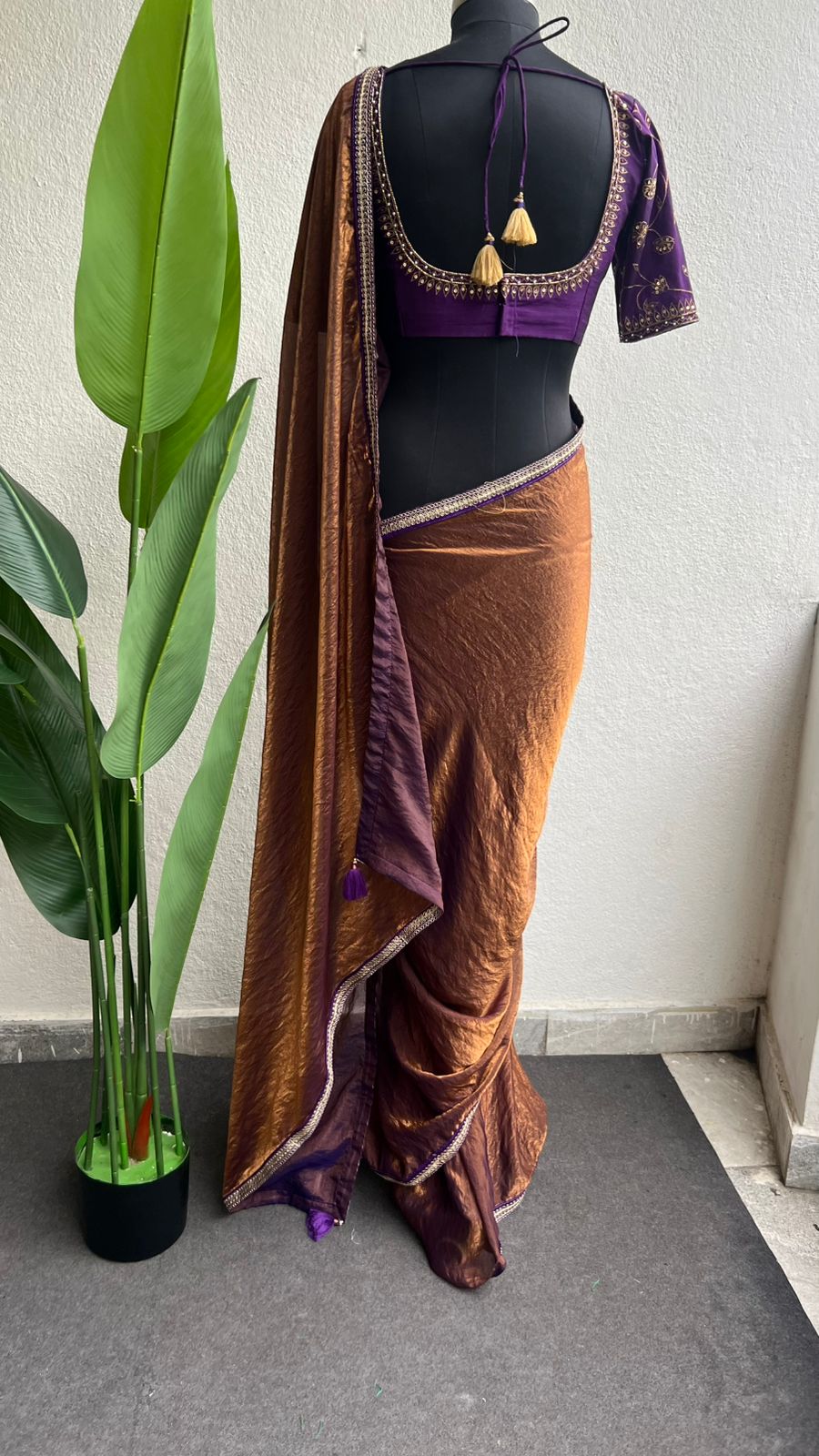 Coffee tissue saree with purple heavy hand work blouse