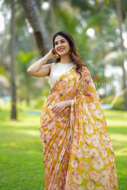 Fenugreek chiffon floral saree with linen mirror blouse