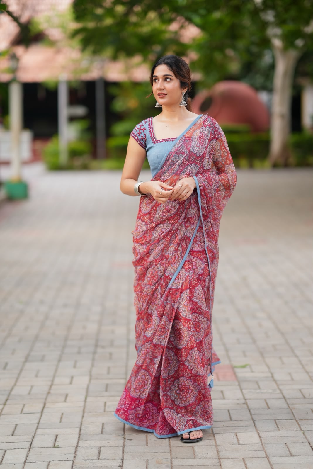 Maroon cotton kota saree with hand work blouse