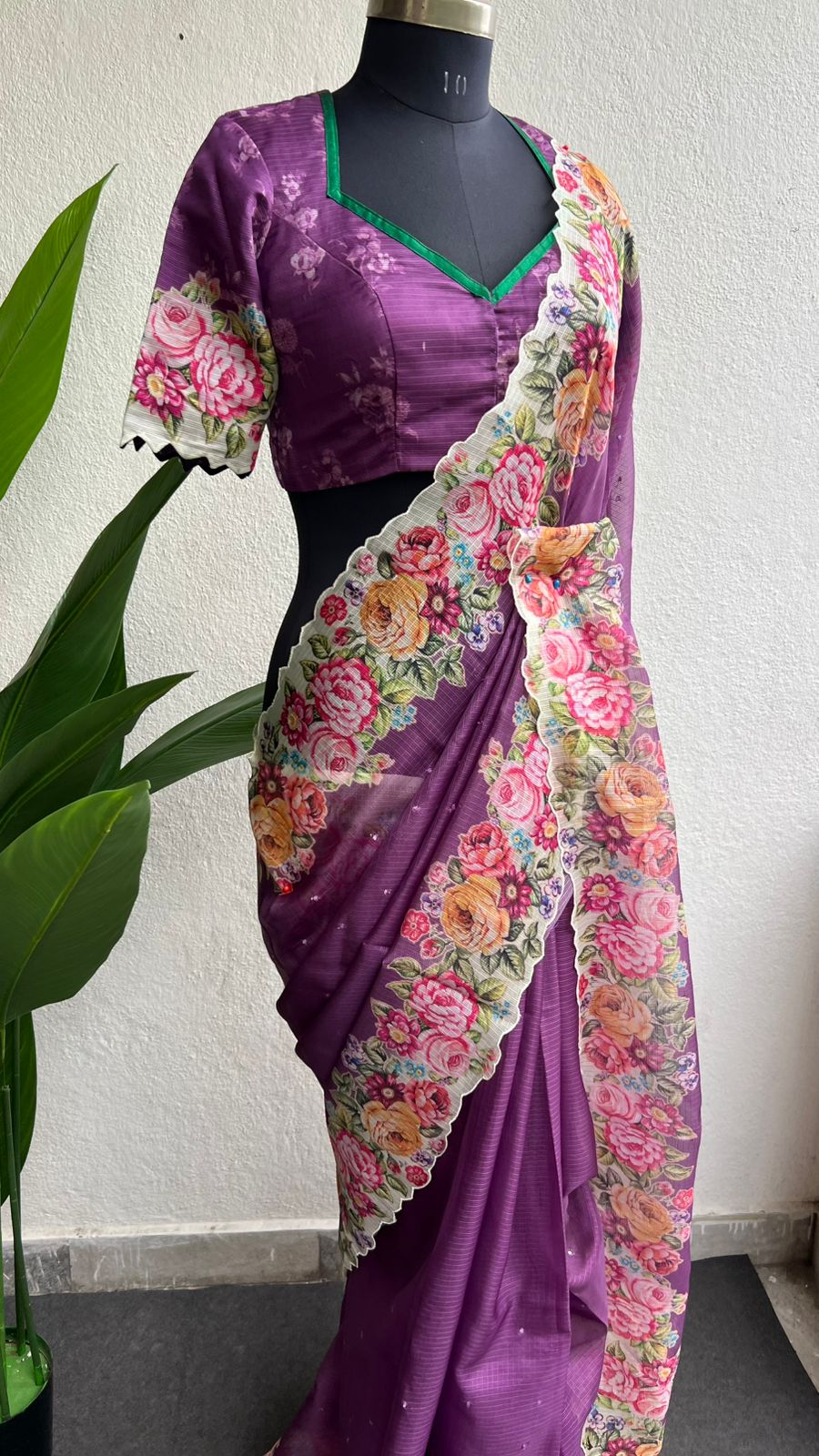 Lavender purple floral kota doria saree with patterned blouse