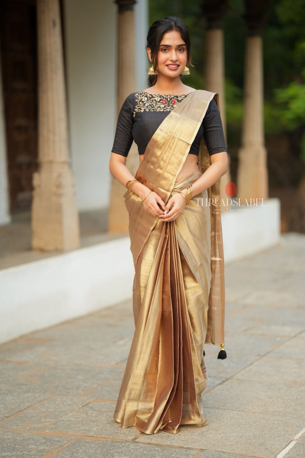 Golden tissue saree with black hand work blouse