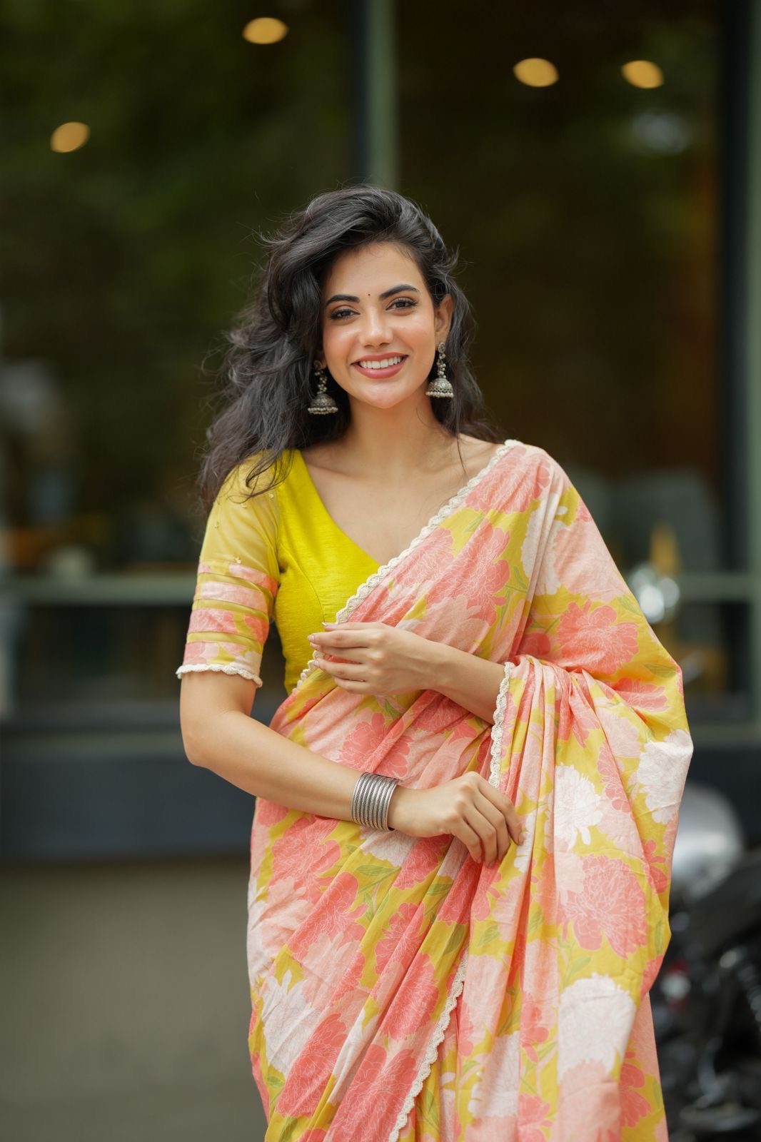 Lime yellow silk & netted hand work blouse (only blouse)