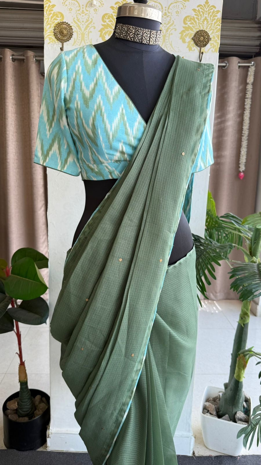 Green kota saree with blue cotton blouse