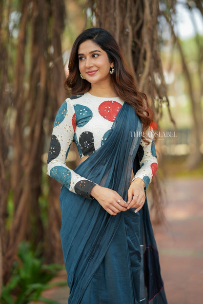 Blue mul chanderi saree with embroidery ajrak blouse