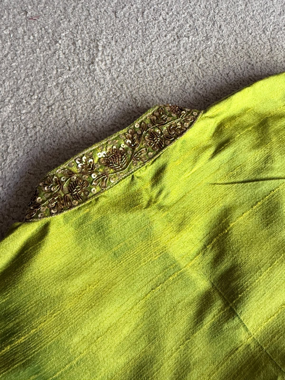Lime green silk collar hand work blouse
