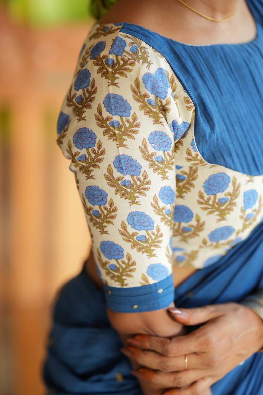 Blue malai chanderi saree with floral print blouse