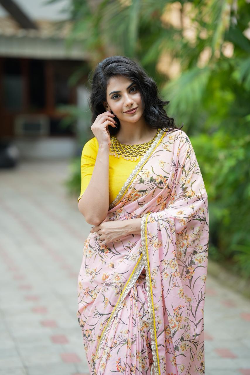 Yellow silk JEWEL NECK hand work blouse