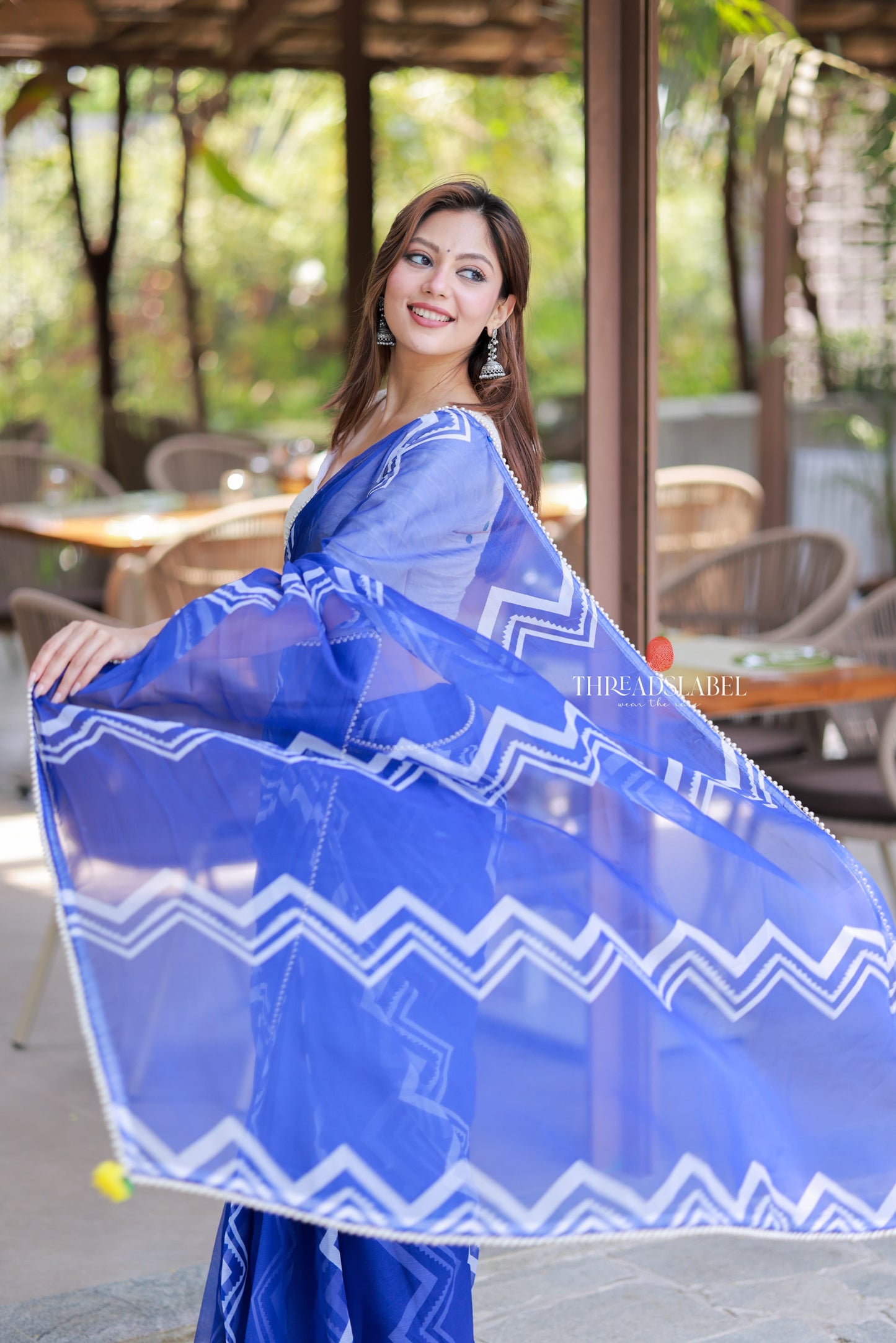 Blue chiffon saree with white embroidery blouse