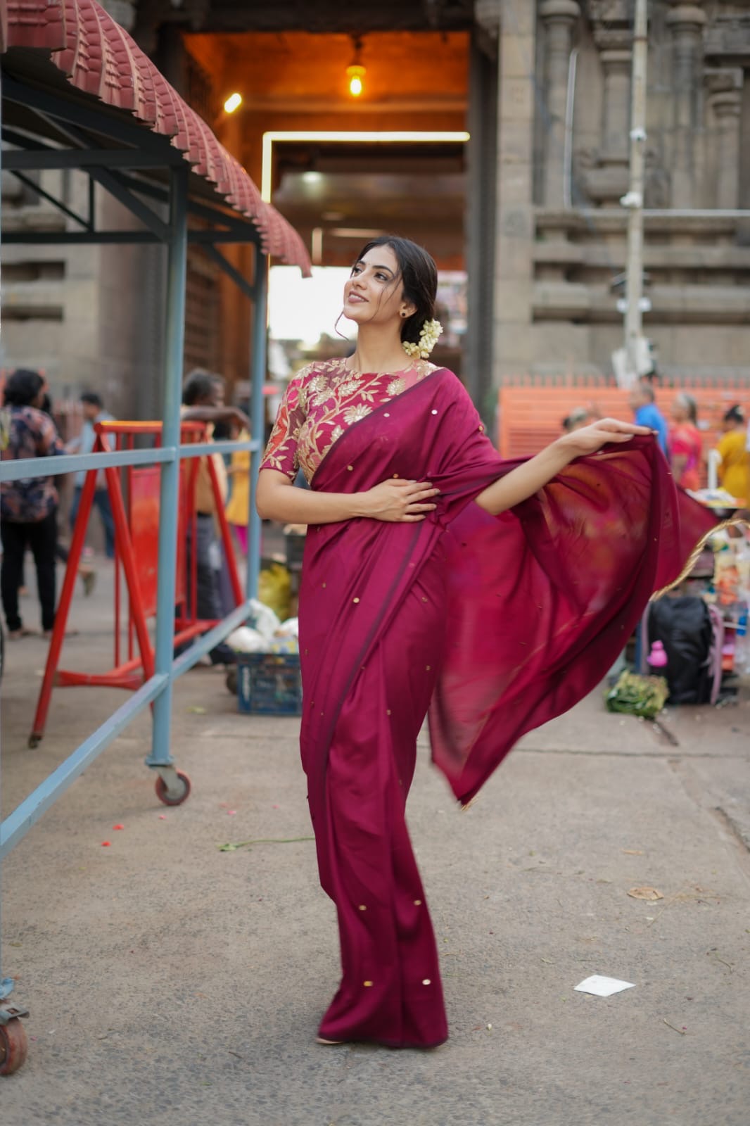 Maroon marble silk saree with embroidery blouse