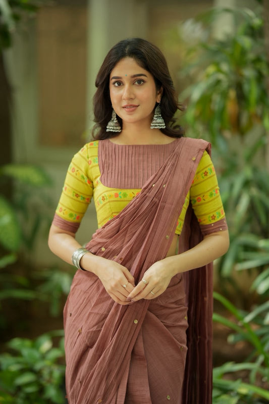 Brown malai chanderi saree with floral print blouse