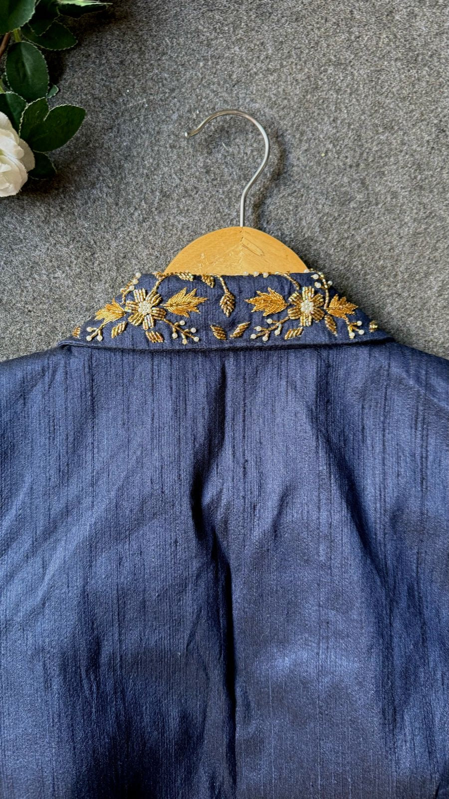 Midnight blue silk collar hand worked blouse