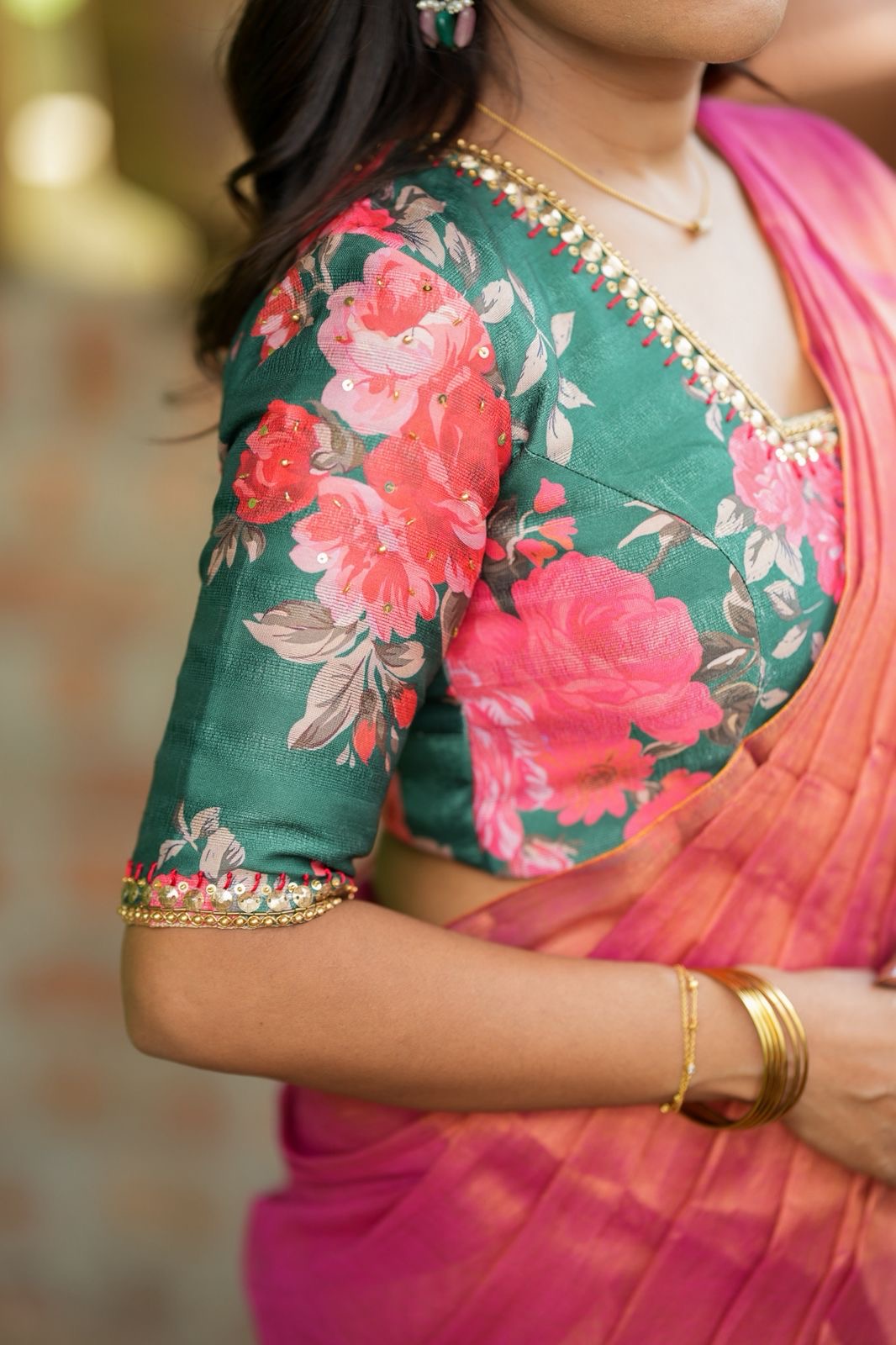 Pink soft tissue saree with hand work blouse