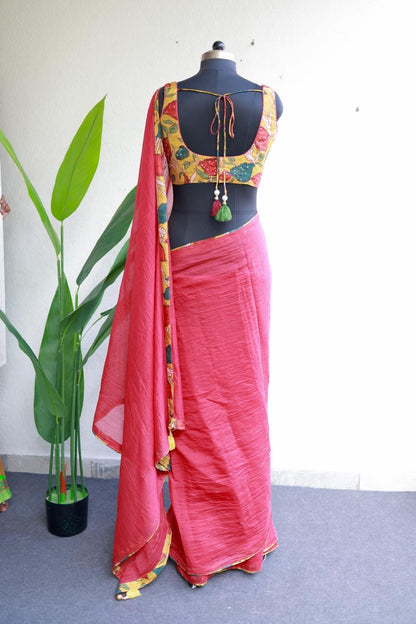 Red chanderi cotton saree with kalamkari handwork blouse