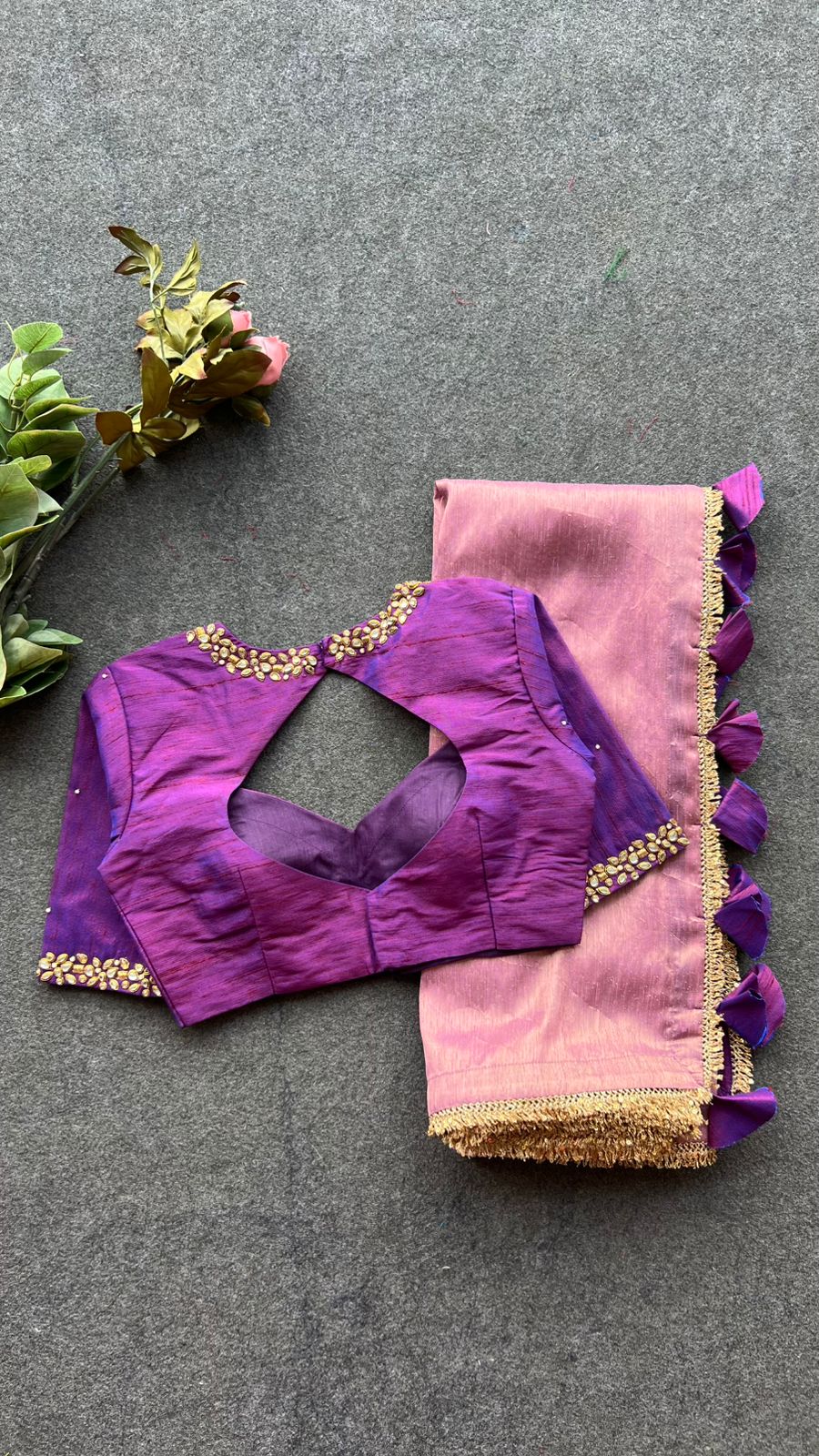 Pink tissue saree with purple hand work blouse