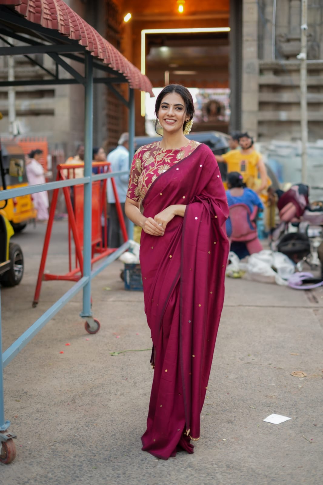 Maroon marble silk saree with embroidery blouse