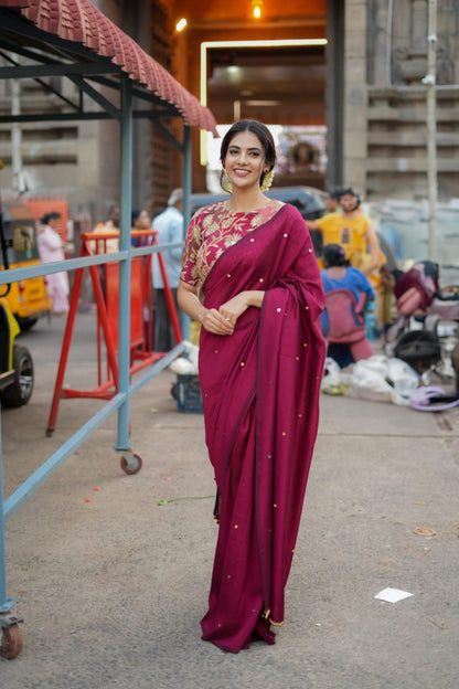 Maroon marble silk saree with embroidery blouse