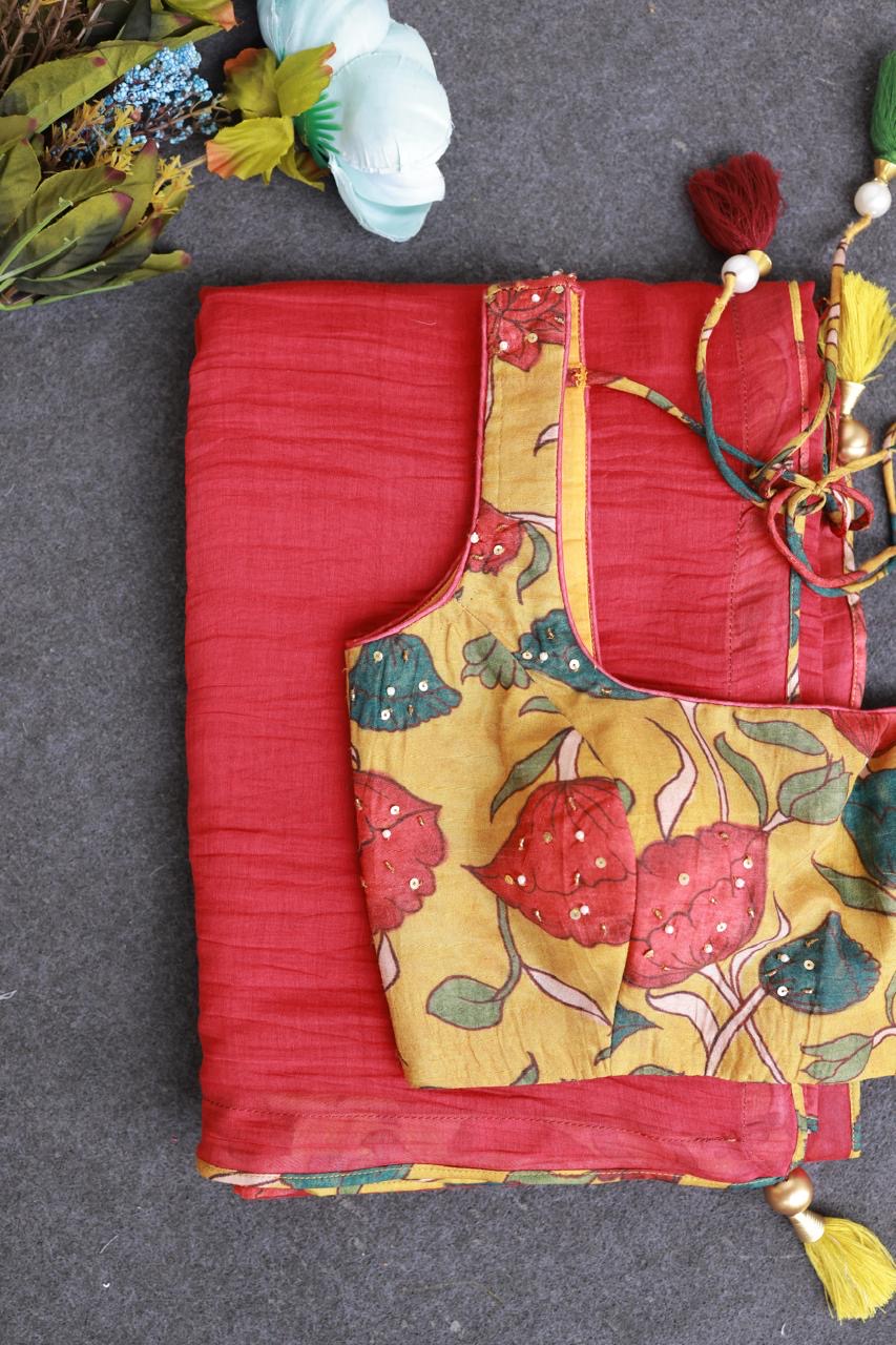 Red chanderi cotton saree with kalamkari handwork blouse