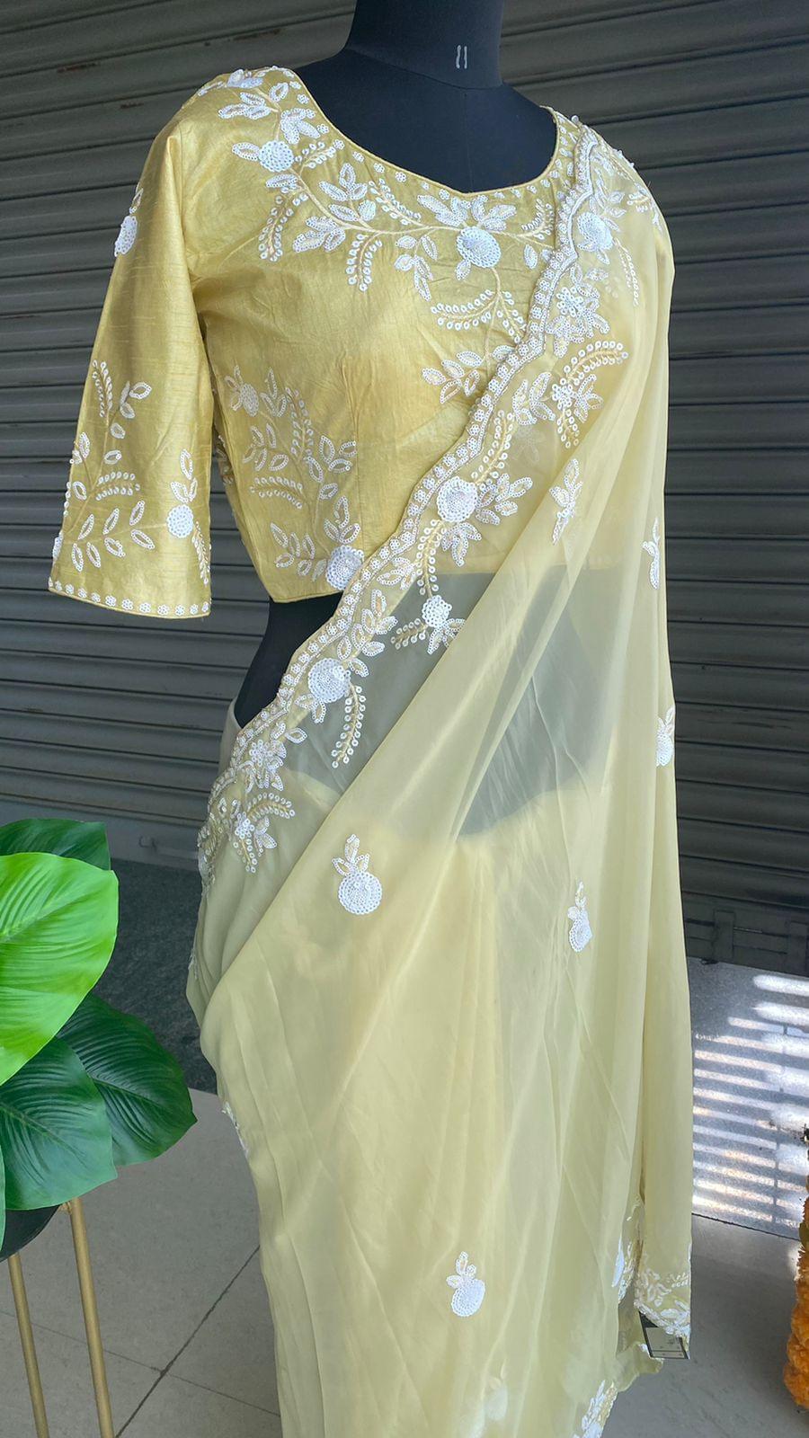 Banana yellow organza saree with silk embroidery blouse
