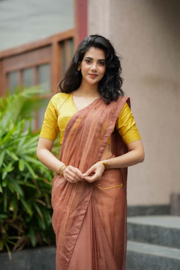 Brown soft organza saree with lime green ikkat blouse