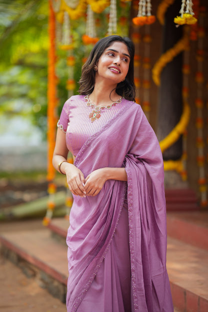 Lavender marble saree with Jewel neck handwork blouse