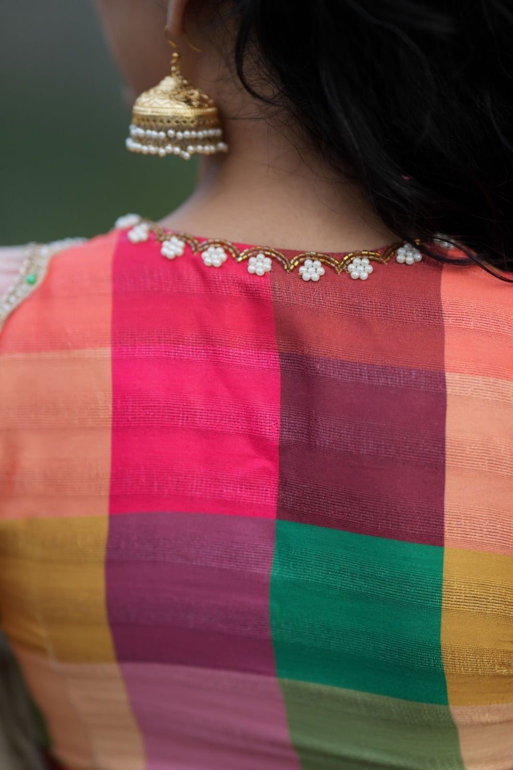 Beige georgette tissue saree with multi hand work blouse