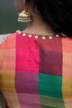 Beige georgette tissue saree with multi hand work blouse