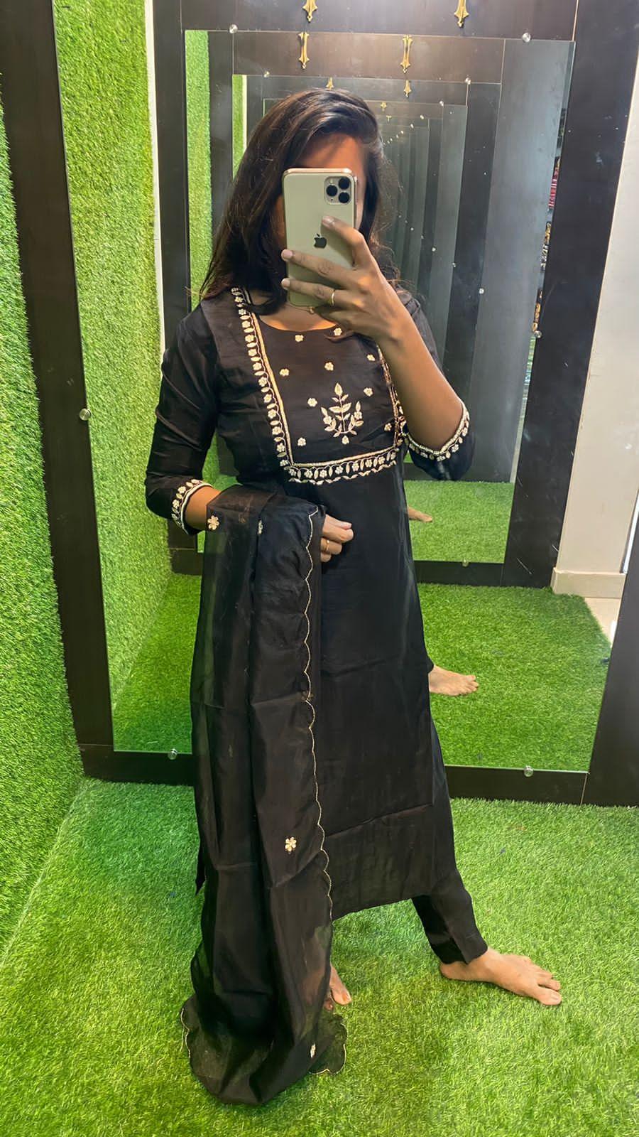 Black silk hand work embroidery 3 piece kurti set - Threads