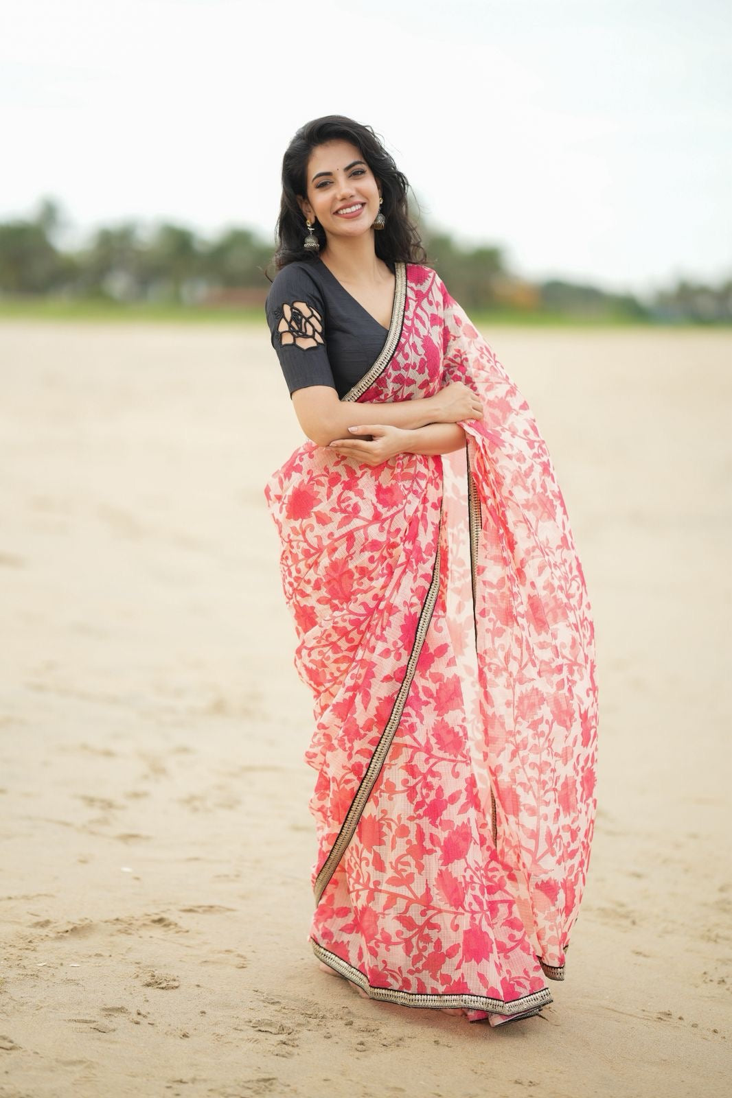 Cream red kota saree with silk hand work blouse