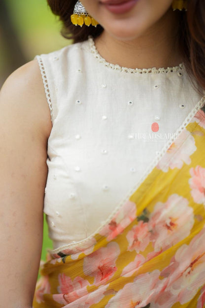 Fenugreek chiffon floral saree with linen mirror blouse