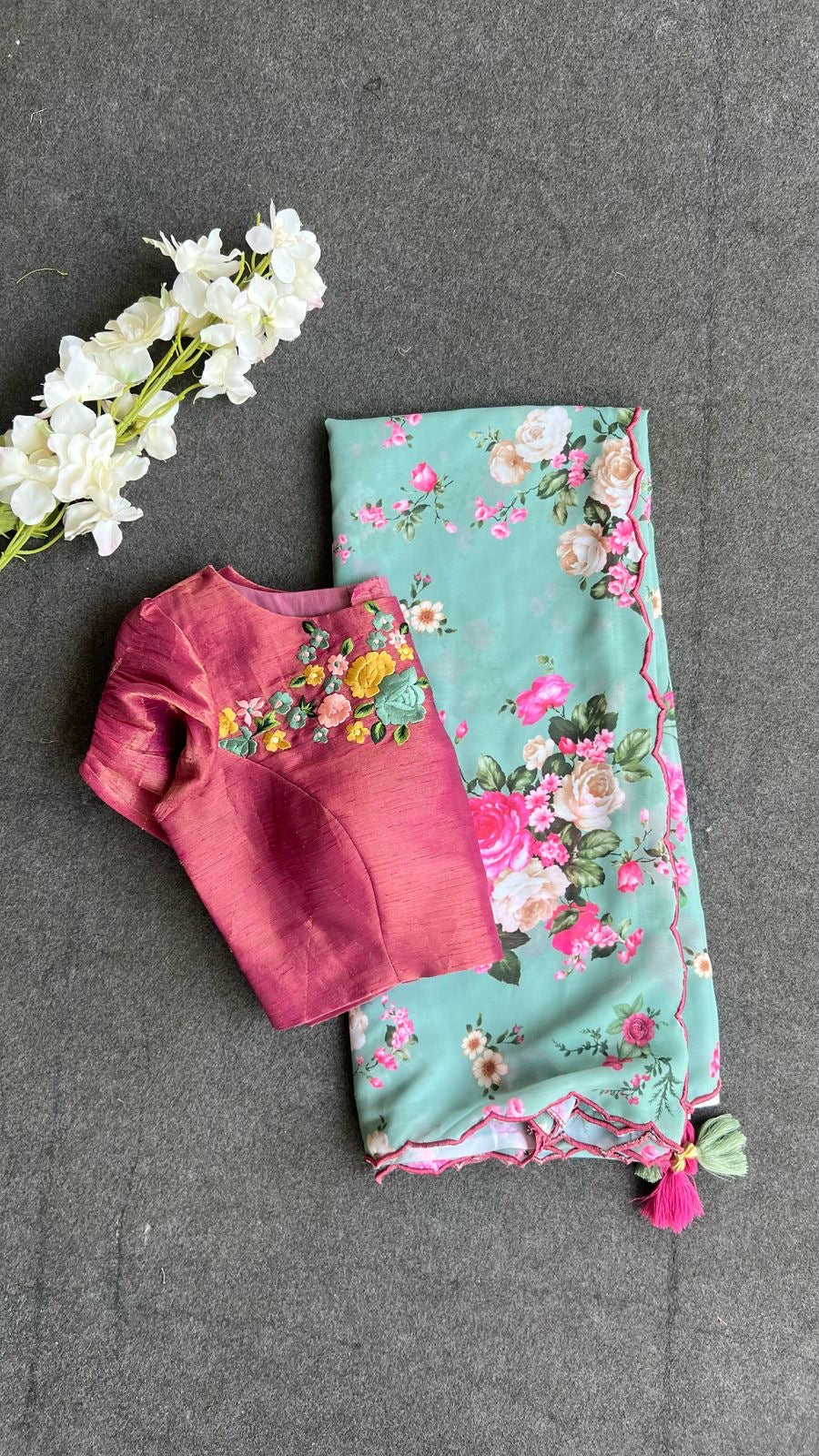 Pink tissue floral embroidery blouse (only blouse)