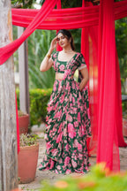 Green floral georgette handwork lehenga