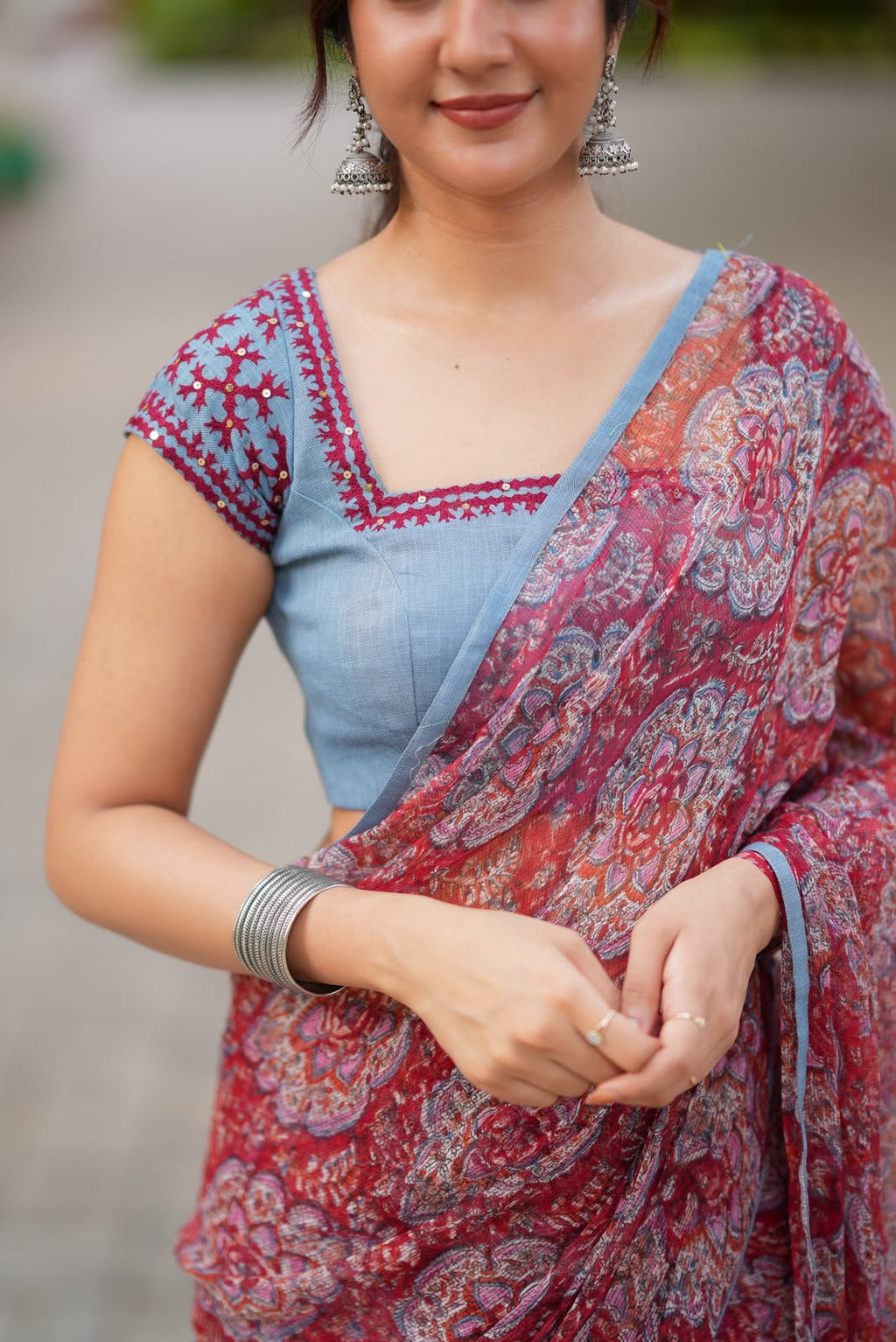Maroon cotton kota saree with hand work blouse