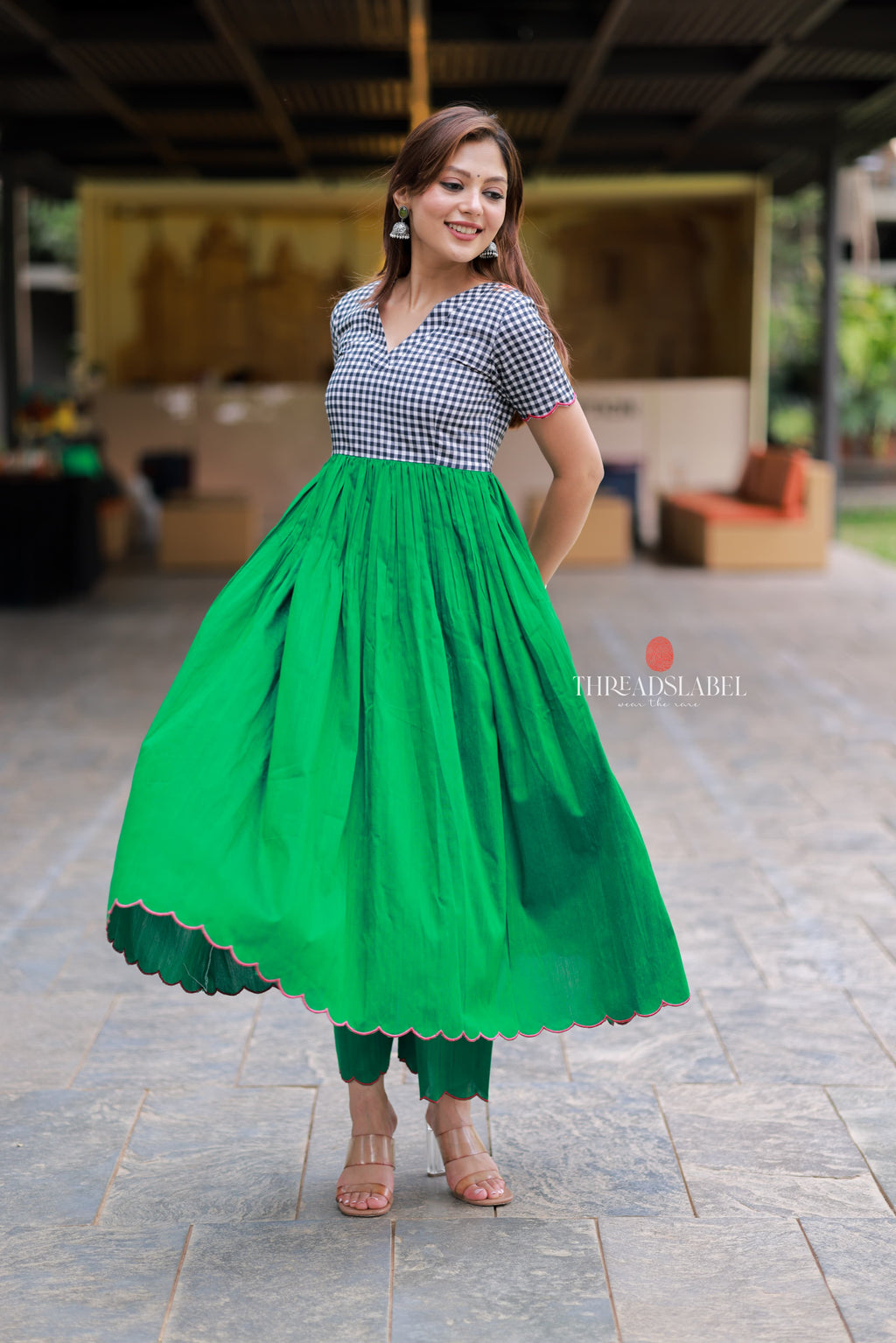 Grey green anarkali kurti set